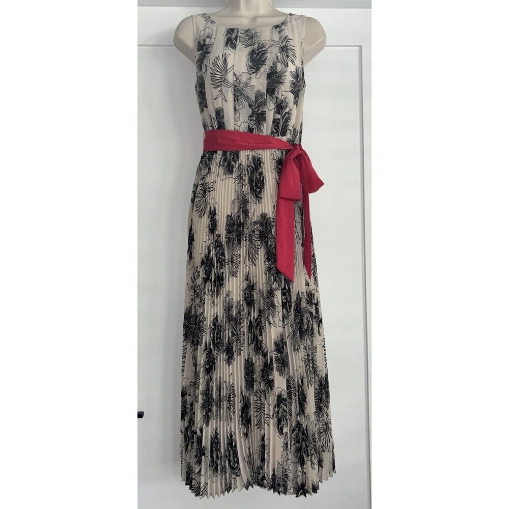 Eliza J Cream and Black Floral Midi Dress with Red Belt